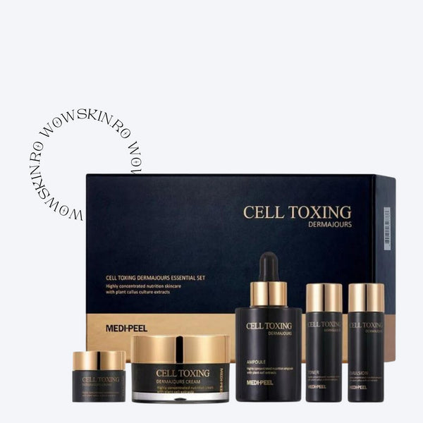 Ridicați-vă rutina de înfrumusețare cu setul CELL TOXING DERMAJOURS ESSENTIAL SET de la MEDPEEL. Infuzat cu extracte de culturi de calus din plante, acest kit include o fiolă, un toner, o emulsie și o cremă pentru o îngrijire nutritivă completă a pielii. Ambalajul elegant de culoare navy și auriu promite un amestec de lux și eficacitate, perfect pentru cei care caută o experiență premium de îngrijire a pielii